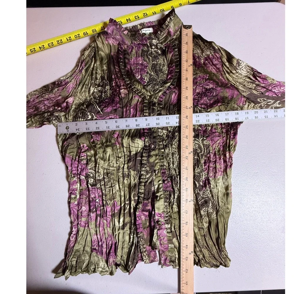 Agora Crinkle Pleat Floral Paisley Ruffle Blouse Olive Magenta Large